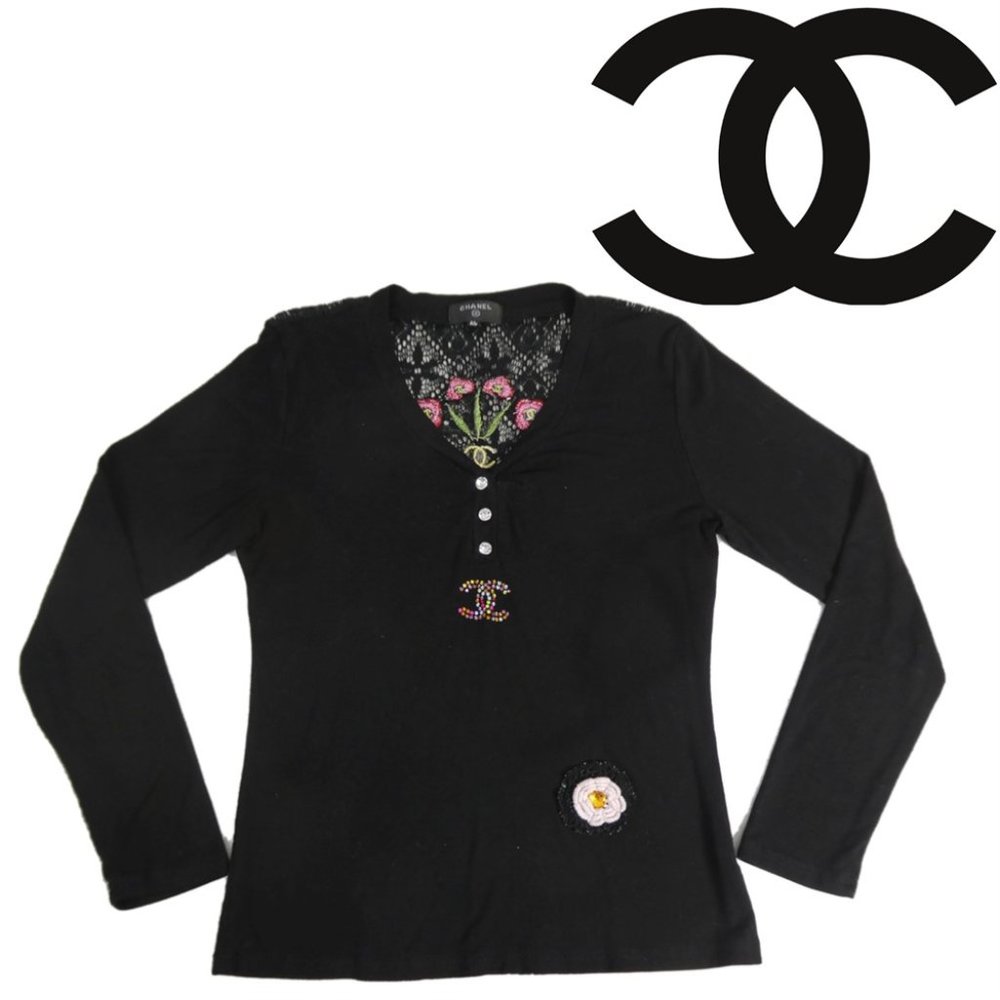 CHANEL XL Vintage Classic Embroidered Black Floral Long-sleeved Shirt